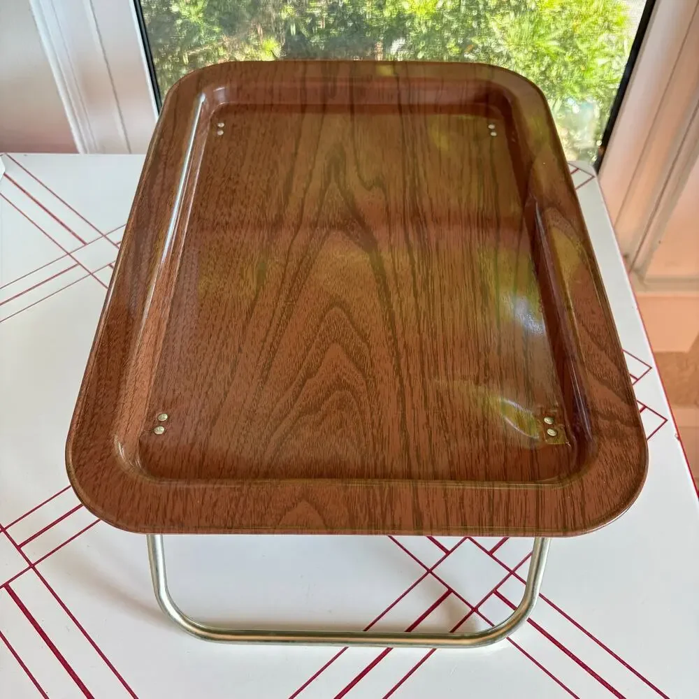 Vintage Faux Bois Metal Folding Lap Tray Gold Tone Legs MCM